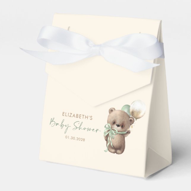 Gold Brown Sage Green Teddy Bear Baby Shower Favour Box (Front Side)