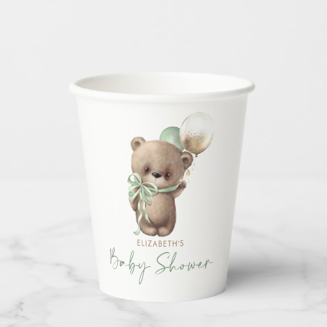 Gold Brown Sage Green Teddy Bear Baby Shower Paper Cups (Front)