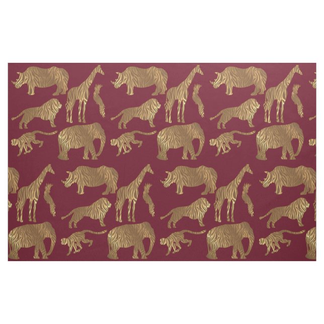 Gold Brown Stripe Jungle Animals on Burgundy Fabric (Fat Quarter)