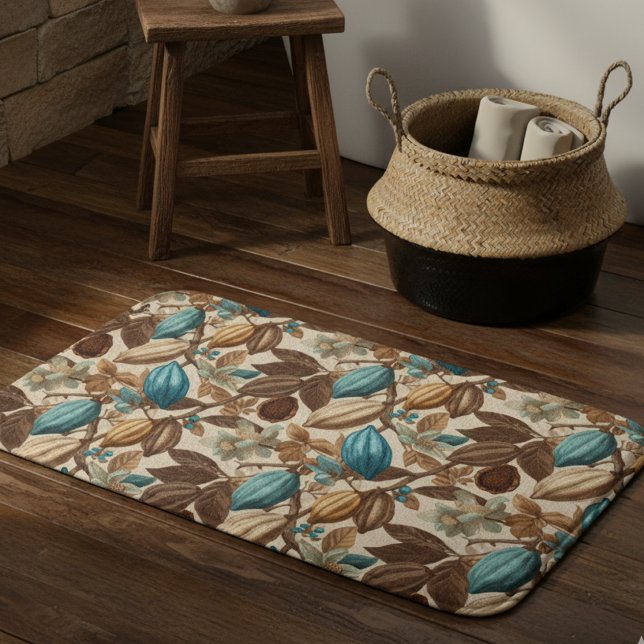 Gold Brown Turquoise Cacao Botanical Pattern Bath Mat (Creator Uploaded)
