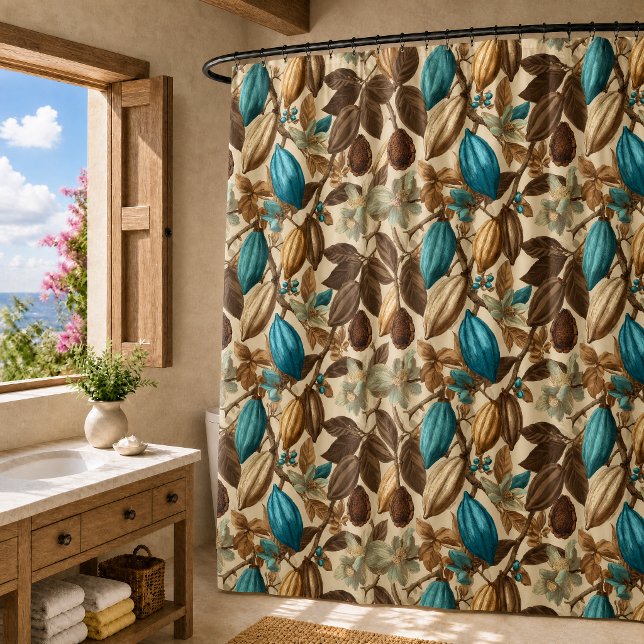 Gold Brown Turquoise Cacao Botanical Pattern Shower Curtain (Creator Uploaded)