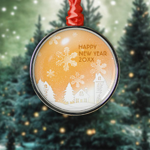 Gold Brown White Snow House Happy New Year  Metal Tree Decoration
