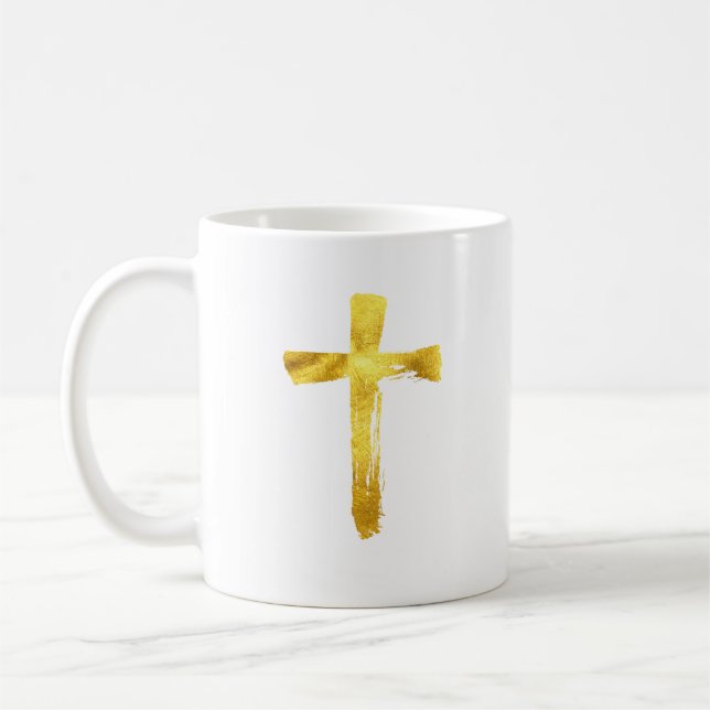 Gold Brush Cross - Christian Religious Crucifix Coffee Mug (Left)