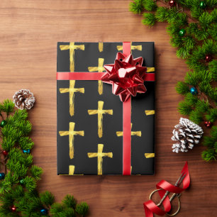 Gold Brush Cross Christian Religious Crucifix God Wrapping Paper