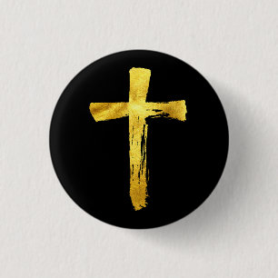 Gold Brush Cross - Modern Bold Artistic Crucifix 3 Cm Round Badge