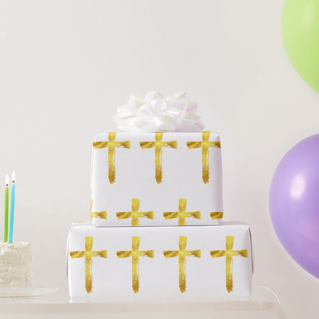 Gold Brush Cross - Modern Christian Crucifix Wrapping Paper (Party Gifts)