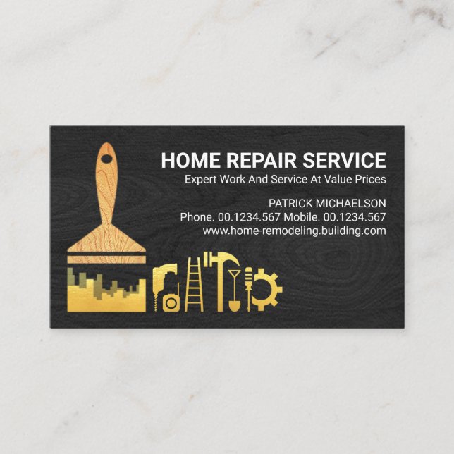 Gold Brush Handyman Tools On Wood Business Card (Front)