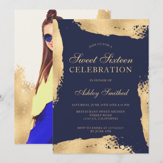 Gold brush metallic foil navy photo sweet sixteen invitation (Front/Back)