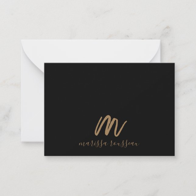 Gold Brush Painted Monogram Script Name Black Card (Front)
