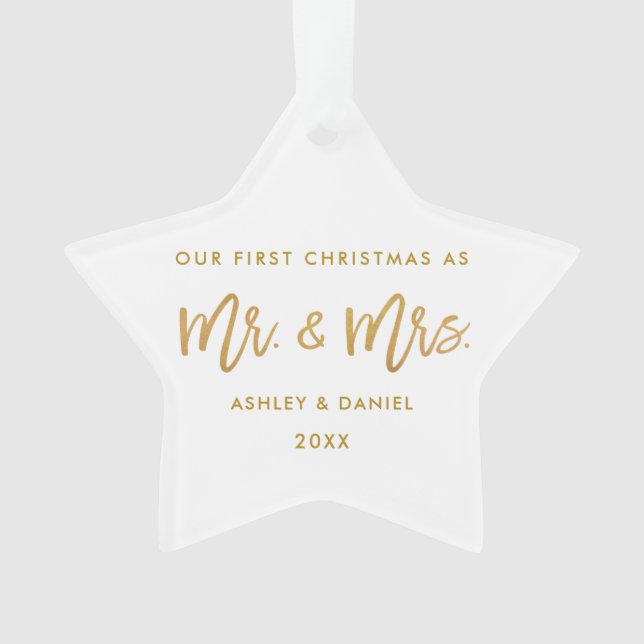 Gold Brush Script First Christmas Mr. Mrs. Star Ornament (Front)