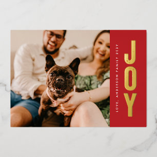 Gold Brush Stamped JOY on Christmas Red Photo