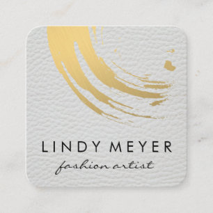 Gold Brushed and White Leather Square Business Card