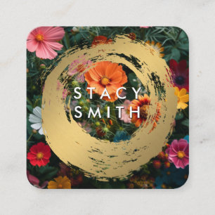 Gold Brushed Colourful Flowers Square Business Card