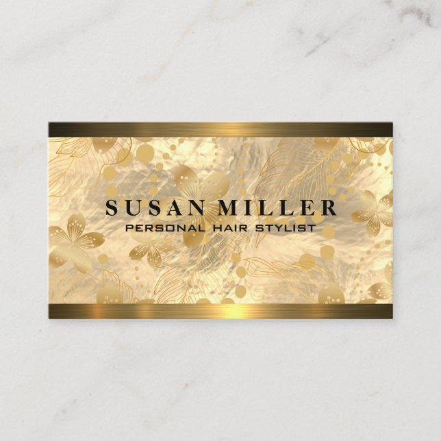 Gold Brushed Gold Flower Leaves | Metallic Business Card (Front)