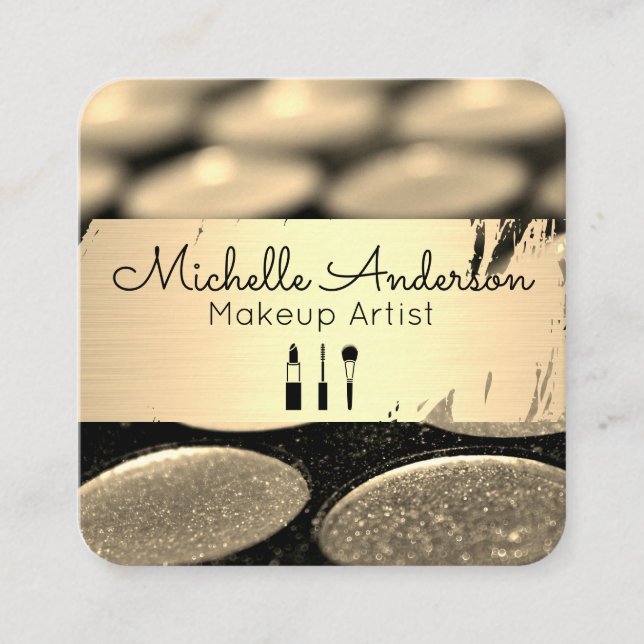 Gold Brushed | Makeup Palette | Beautician Square Business Card (Front)