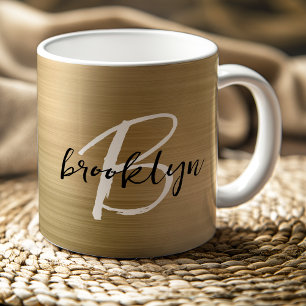 Gold Brushed Metal Black White Script Monogram  Coffee Mug
