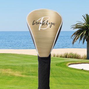 Gold Brushed Metal Black White Script Monogram  Golf Head Cover