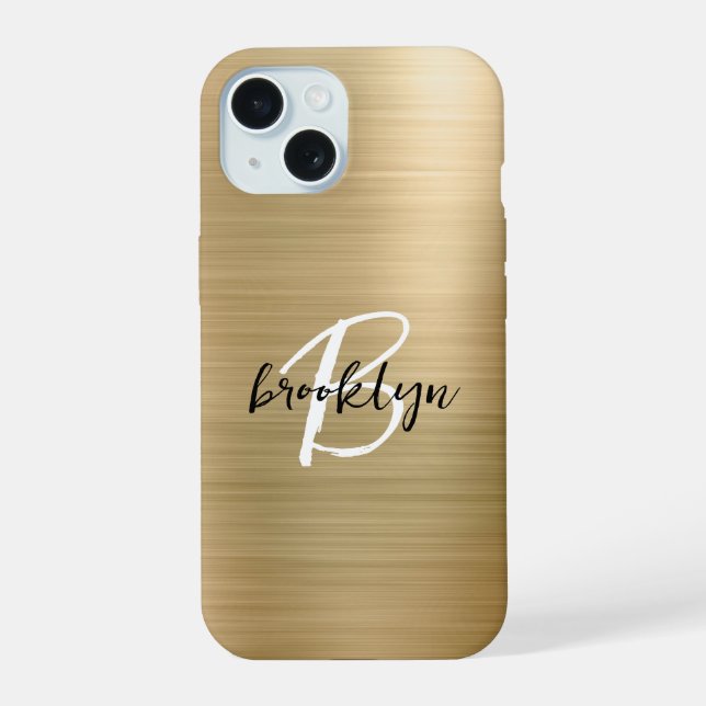 Gold Brushed Metal Black White Script Monogram  iPhone 15 Case (Back)