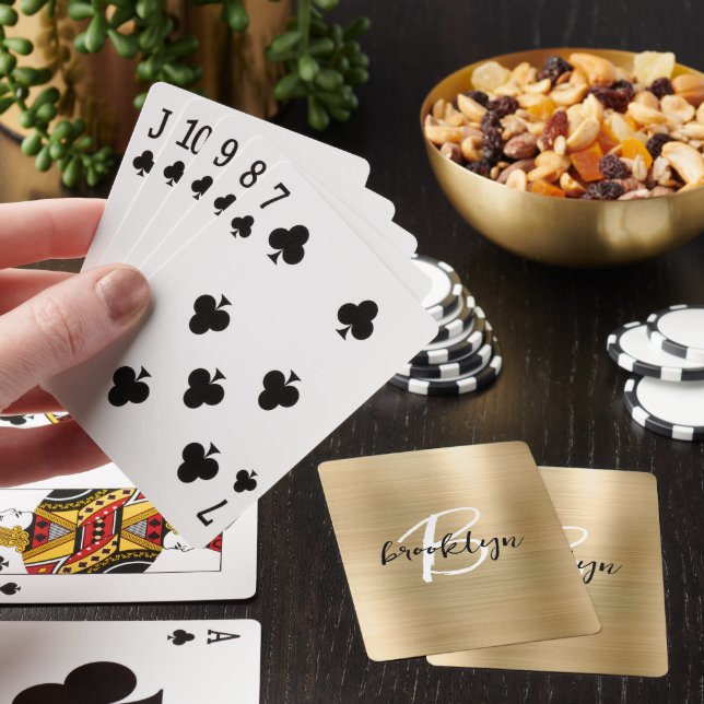 Gold Brushed Metal Black White Script Monogram  Playing Cards (In Situ)