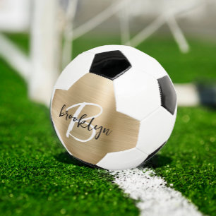 Gold Brushed Metal Black White Script Monogram  Soccer Ball