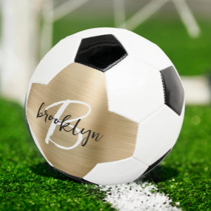 Gold Brushed Metal Black White Script Monogram Soccer Ball