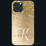 Gold Brushed Metal Glitter Monogram Name iPhone 13 Pro Max Case<br><div class="desc">Easily personalise this trendy chic phone case design featuring pretty gold sparkling glitter on a gold brushed metallic background.</div>