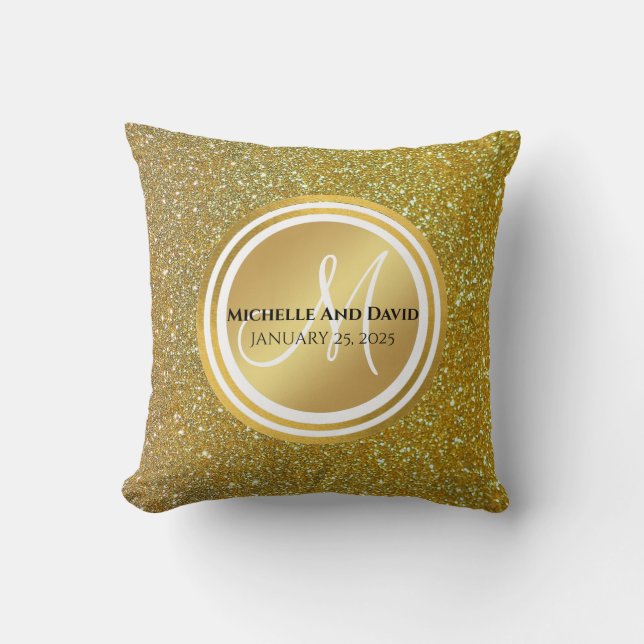 Gold Brushed Metal Glitter Monogram Name  Cushion (Front)