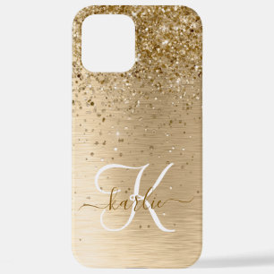 Gold Brushed Metal Glitter Monogram Name iPhone 12 Pro Max Case