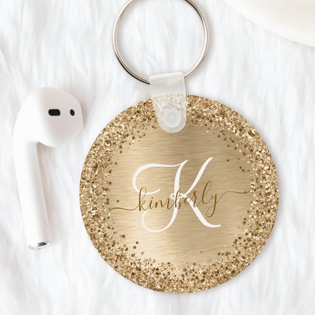 Gold Brushed Metal Glitter Monogram Name Key Ring (Creator Uploaded)