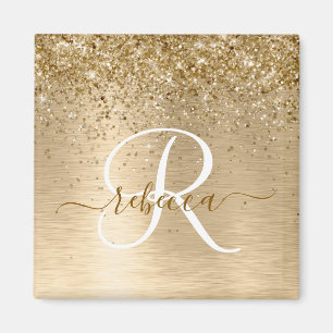 Gold Brushed Metal Glitter Monogram Name Magnet