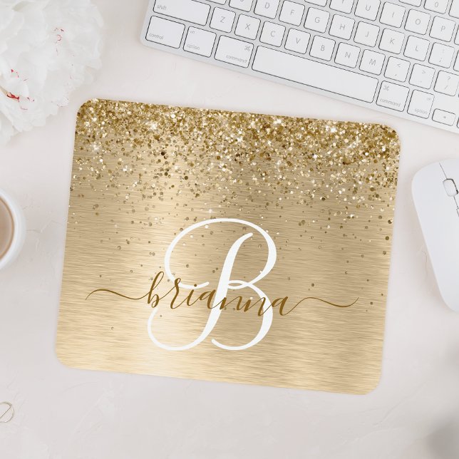 Gold Brushed Metal Glitter Monogram Name Mouse Pad (Creator Uploaded)