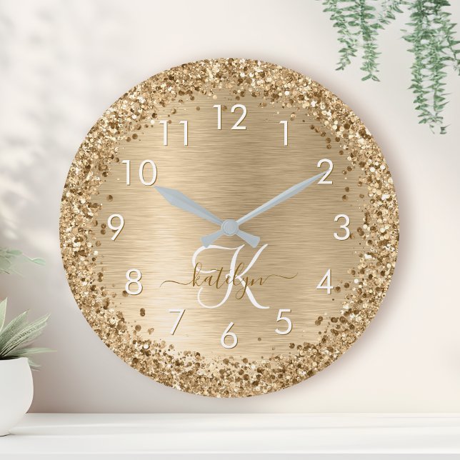Gold Brushed Metal Glitter Monogram Name Round Clock (Creator Uploaded)