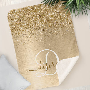 Gold Brushed Metal Glitter Monogram Name Sherpa Blanket
