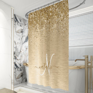Gold Brushed Metal Glitter Monogram Name Shower Curtain