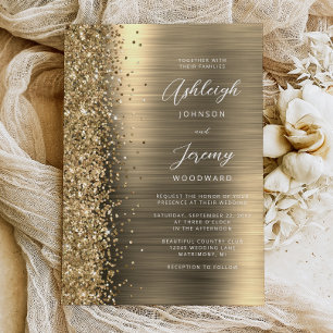 Gold Brushed Metal Glitter Script Wedding Invitation