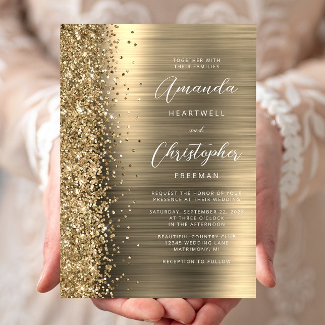 Gold Brushed Metal Glitter Script Wedding Invitation (Creator Uploaded)