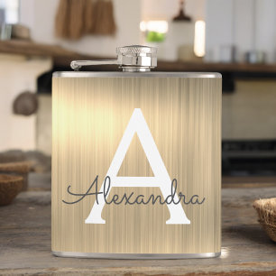 Gold Brushed Metal Monogram Name and Initial Hip Flask
