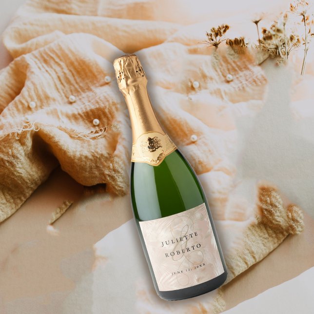Gold Brushed Tropical Palm Leaf Wedding Sparkling Wine Label (Creator Uploaded)
