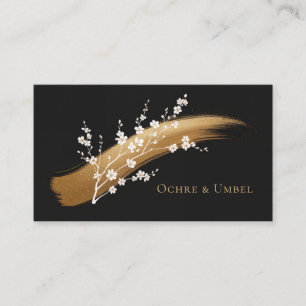 Gold Brushstroke White Floral Black Elegant Business Card