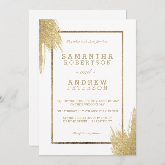 Gold brushstrokes simple white wedding invitation (Front/Back)