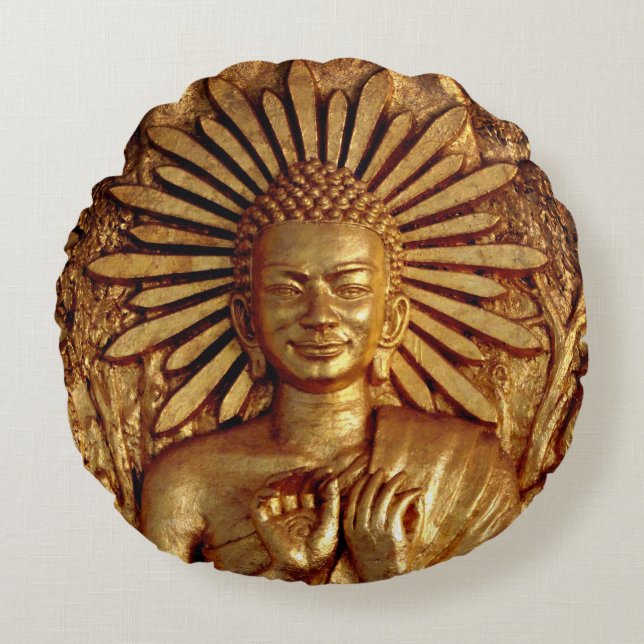 Gold Buddha, Compassion & Blessings (Pillow) Round Cushion (Front)
