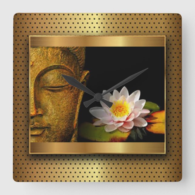 Gold Buddha With Lotus Flower Square Wall Clock (Front)