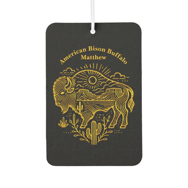 Gold Buffalo Grazing Under The Sun Near Mountains Car Air Freshener (Front)