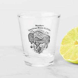 Gold Buffalo Grazing Under The Sun Near Mountains Shot Glass