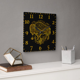 Gold Buffalo Grazing Under The Sun Near Mountains Square Wall Clock