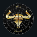 Gold Bull Bull Market Dartboard<br><div class="desc">Gold metallic look bull head with horns set on solid black
Bull Market in gold coloured uppercase text can be personalised to your name or message using the product templates</div>