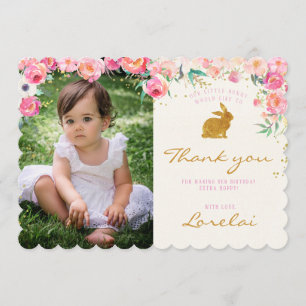 Gold Bunny Pink Floral Thank you card