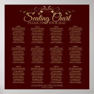 Gold & Burgundy 12 Table Wedding Seating Chart