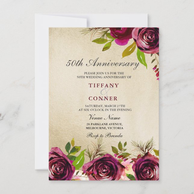 Gold Burgundy 50th Wedding Anniversary invite (Front)