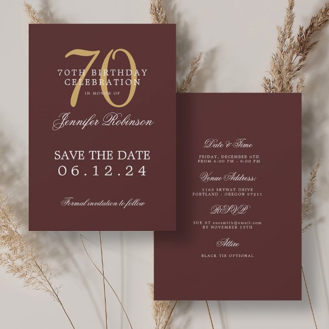 Gold Burgundy 70th Birthday Save the Date Details Invitation (Gold Burgundy 70th Birthday Save the Date Details Invitation)